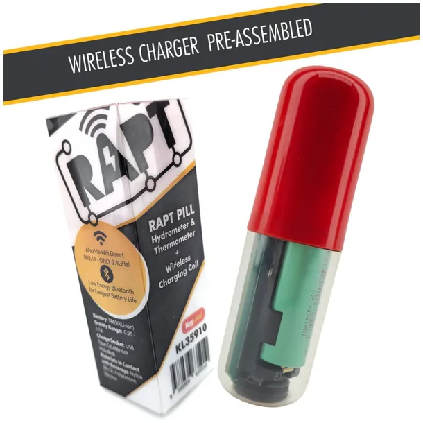 Trdlst Opladet RAPT Pill Hydrometer &amp; Termometer (Formonteret, Rdt Hus)